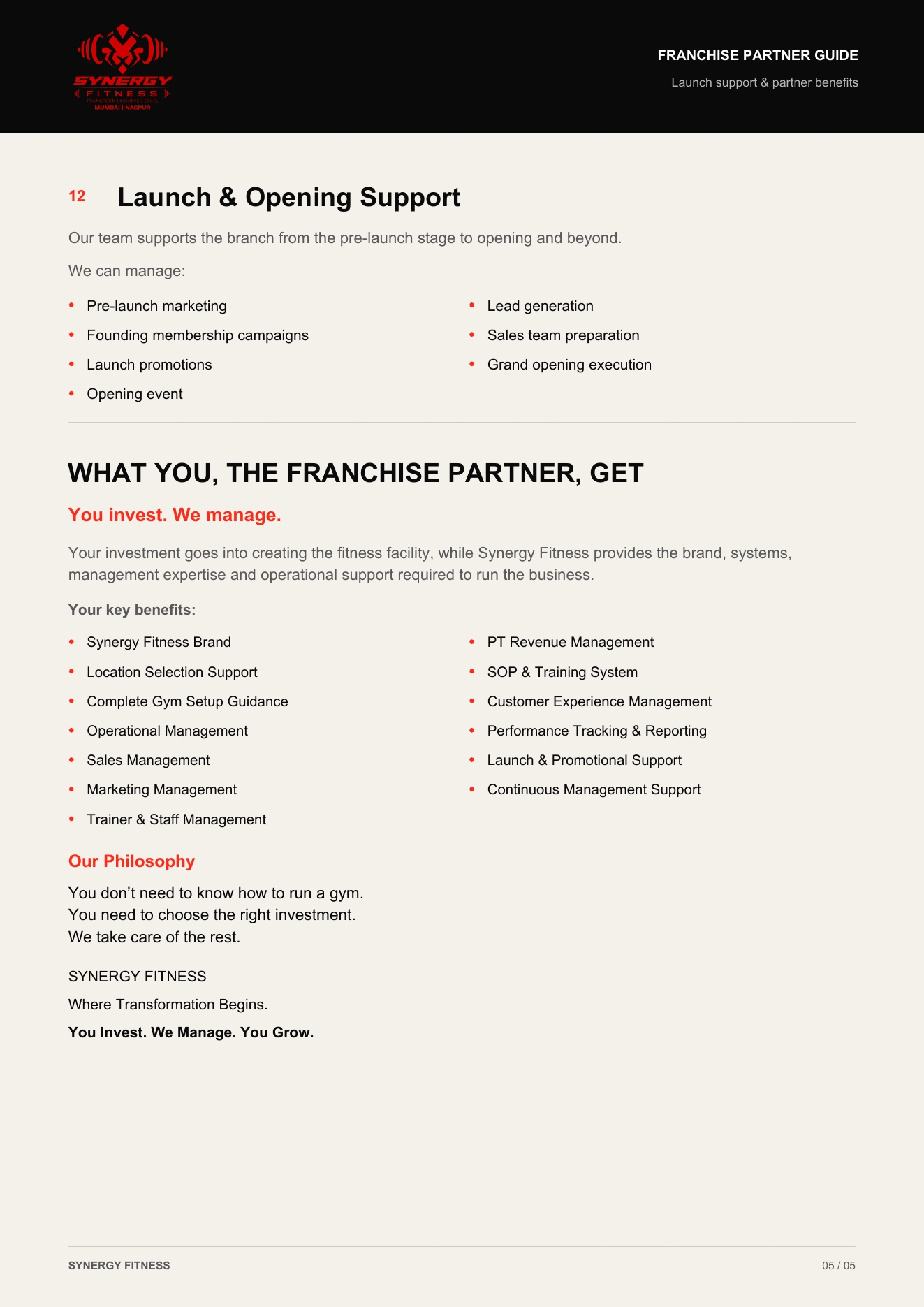 Synergy Franchise Partnership Guide, page 5 of 5. Readable text version is available below.