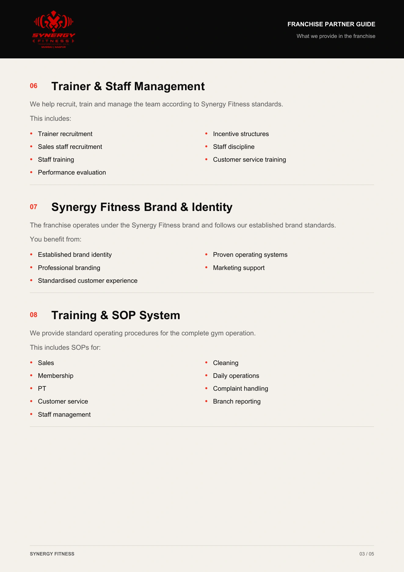 Synergy Franchise Partnership Guide, page 3 of 5. Readable text version is available below.