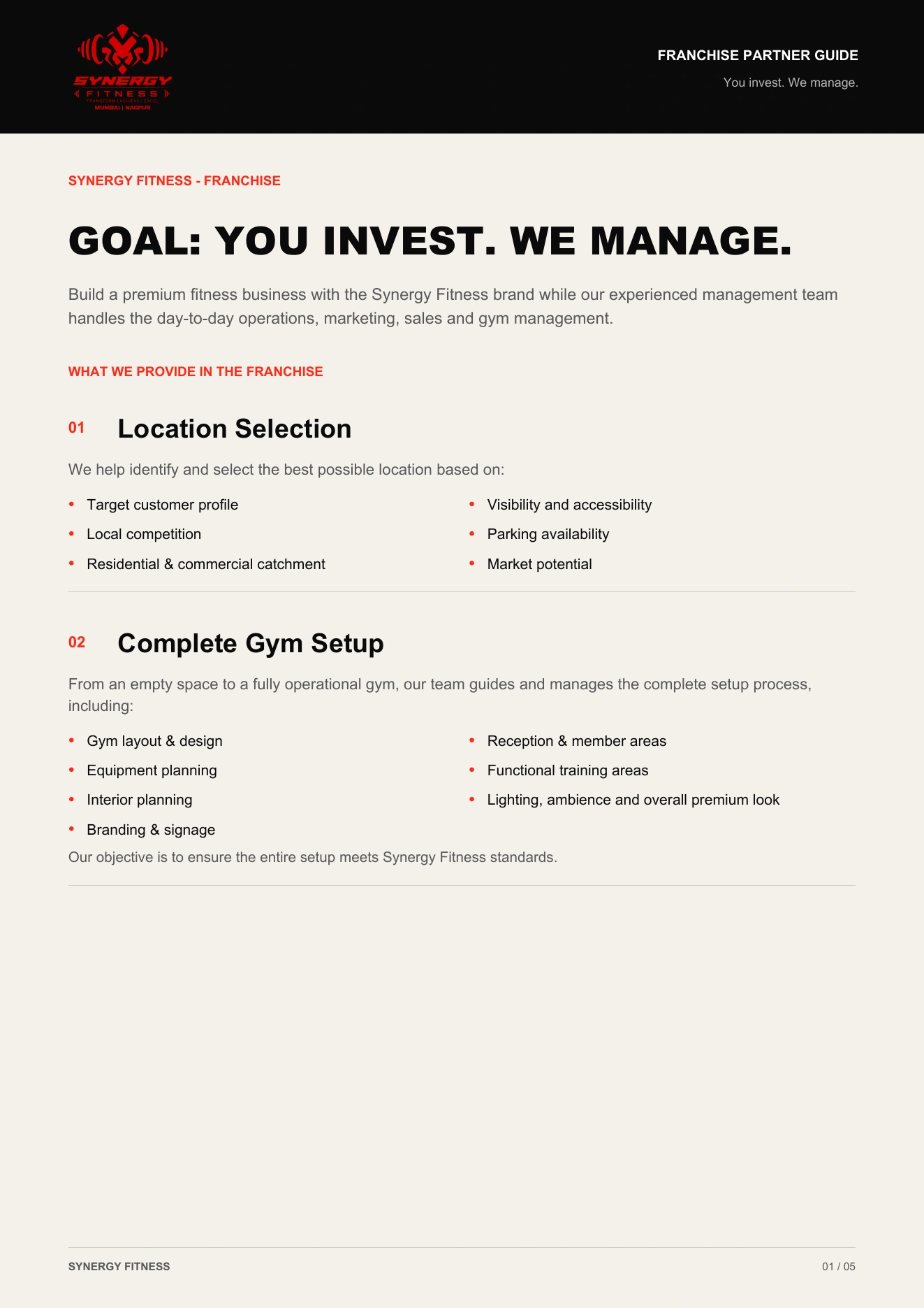 Synergy Franchise Partnership Guide, page 1 of 5. Readable text version is available below.